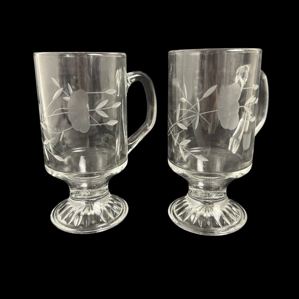 Princess House Heritage Irish Coffee Cup Mug Set of Two 5.5" Tall Etched Floral